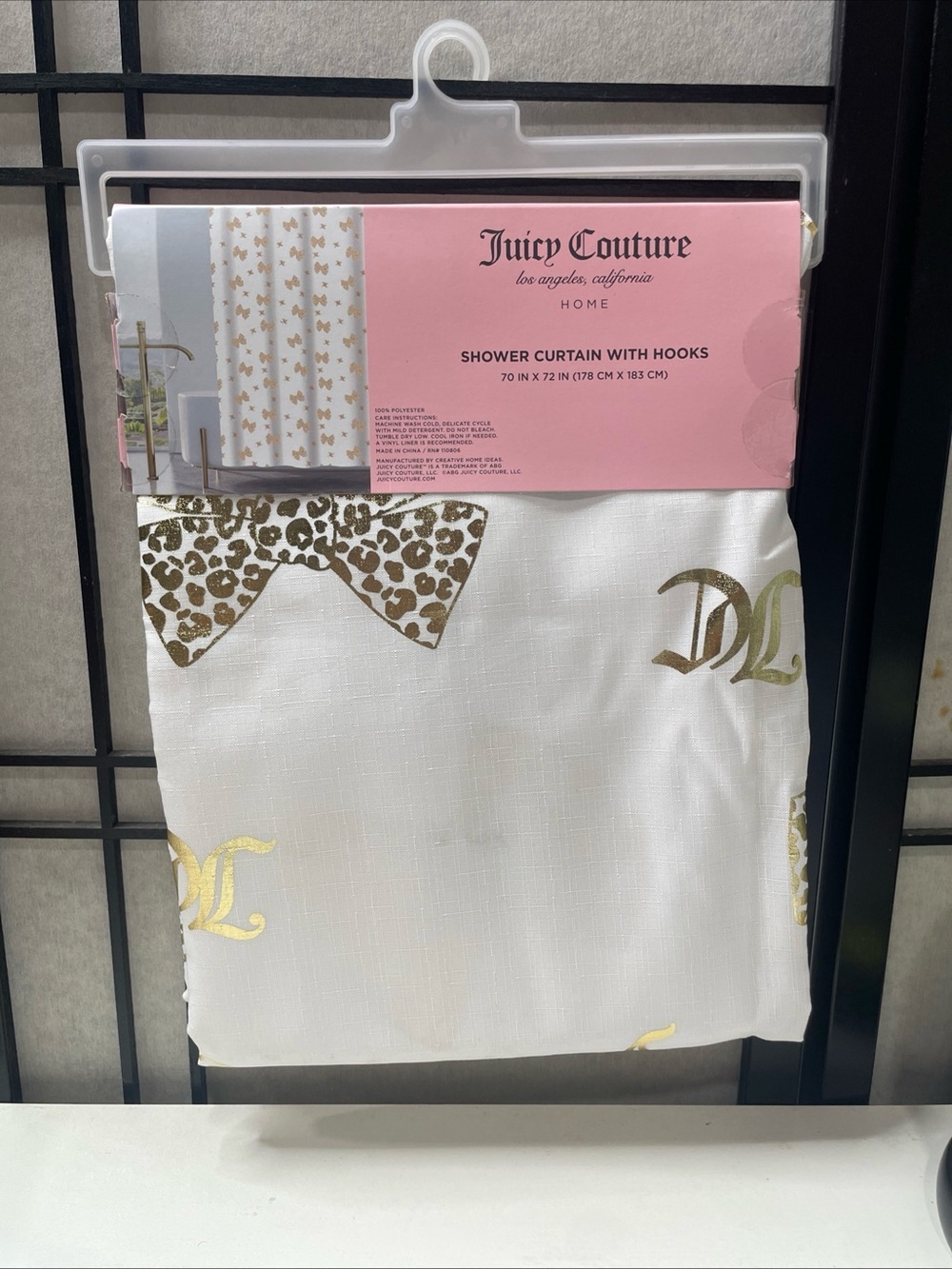 Juicy Couture White Shower Curtain with Gold Accents and Leopard Bow
